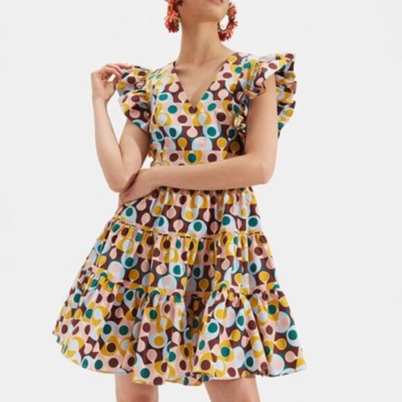 LA DOUBLE J Honeybun Cotton Poplin Mini Ruffle Flare Resort Dress Gumball Print - Picture 8 of 16